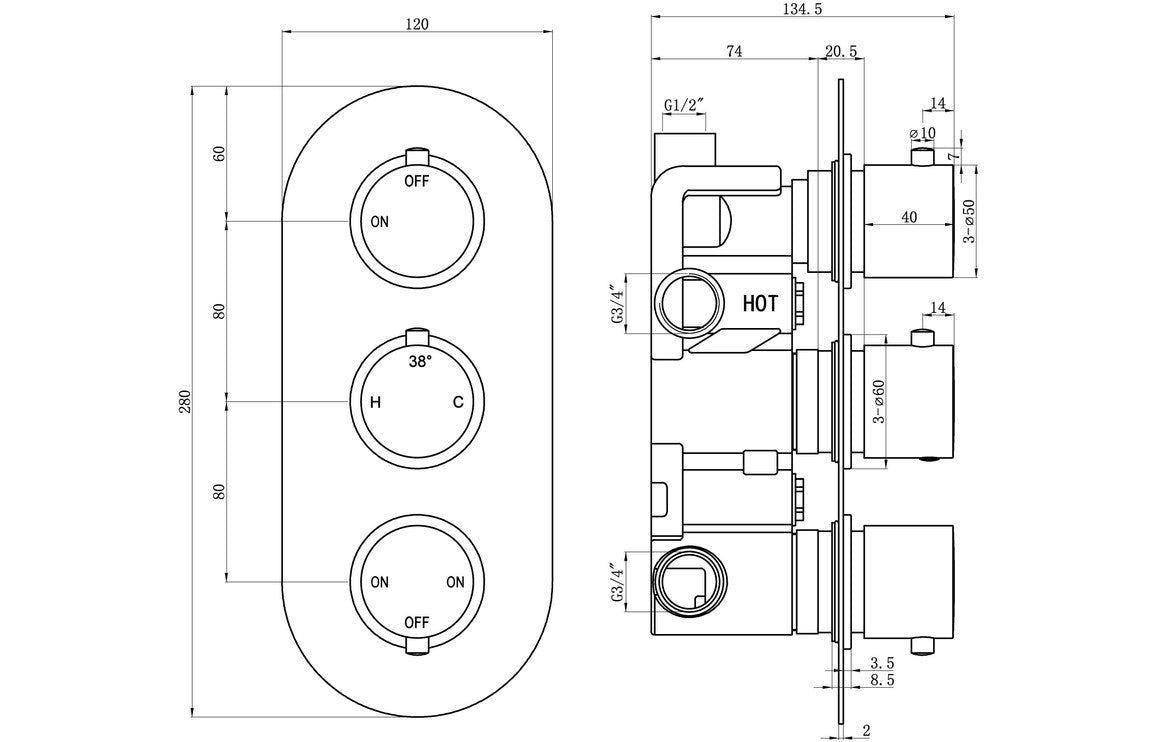 Calder Thermostatic Three Outlet Triple Shower Valve - Chrome