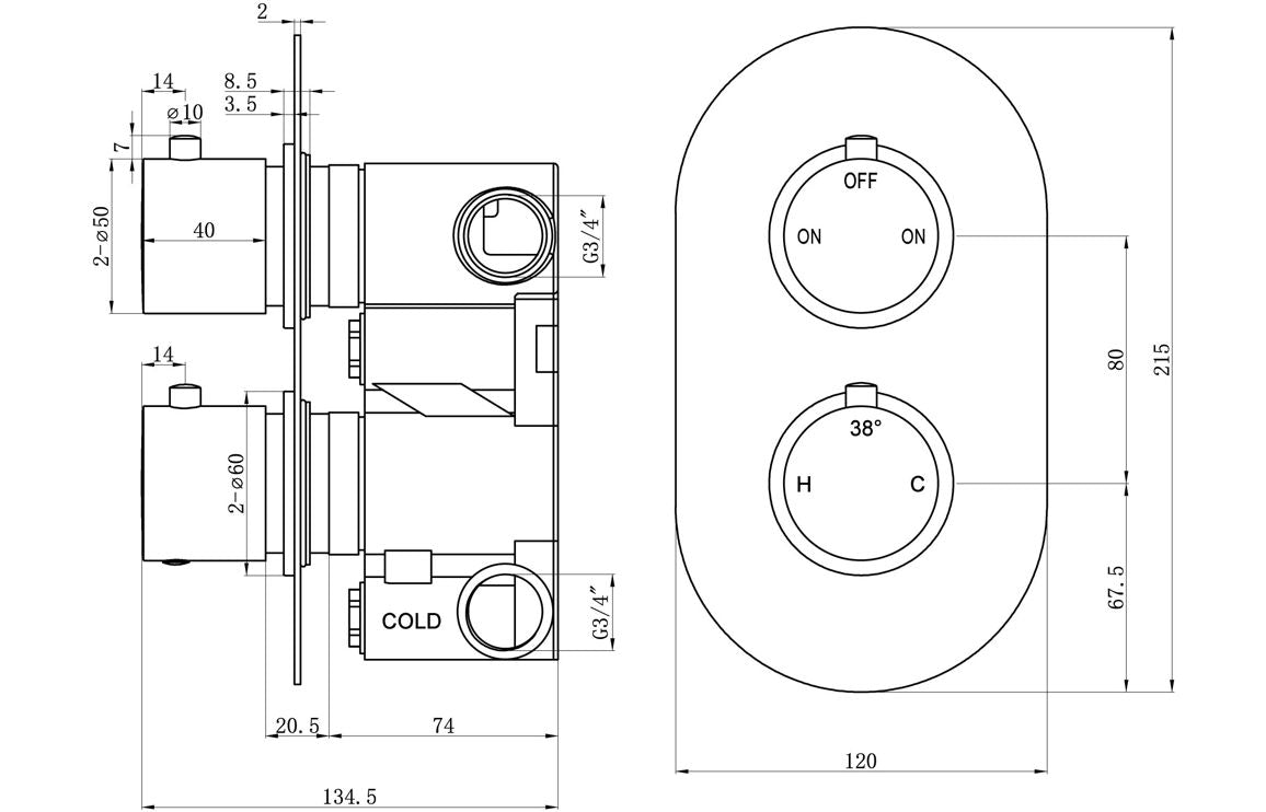 Calder Thermostatic Two Outlet Twin Shower Valve - Chrome