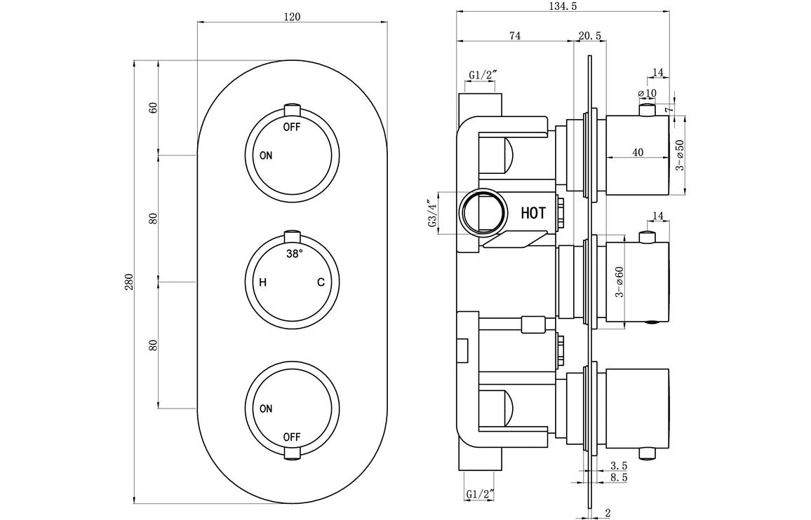 Calder Thermostatic Two Outlet Triple Shower Valve - Chrome