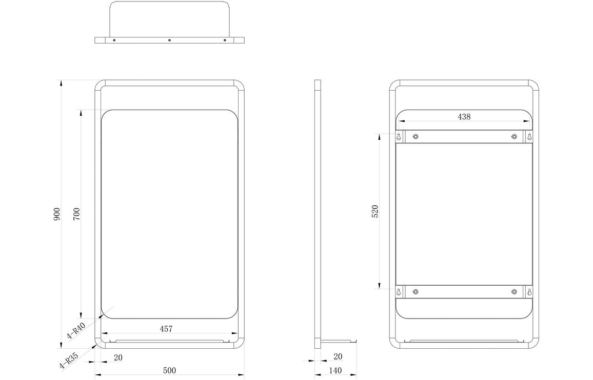 Dash Rectangle Mirror w/Shelf - H 900 x W 500 x D 140mm