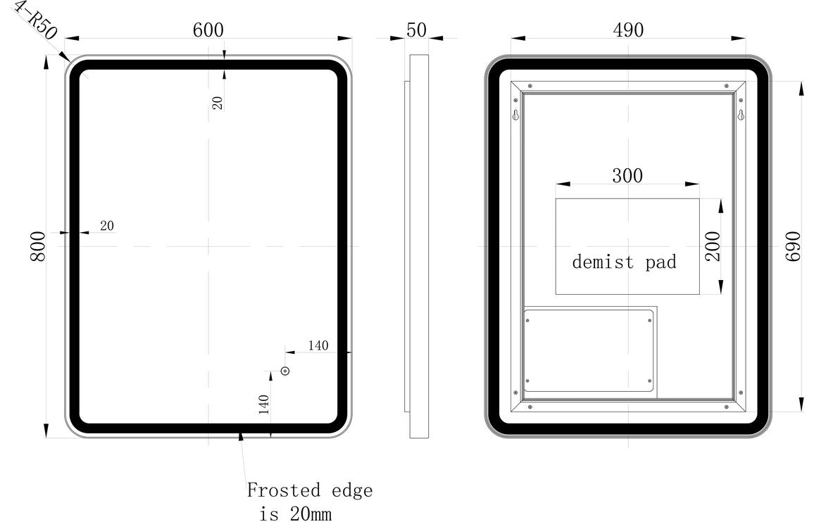 Chalk Rectangle Front-Lit LED Mirror - Matt Black - H 800 x W 600 x D 55mm