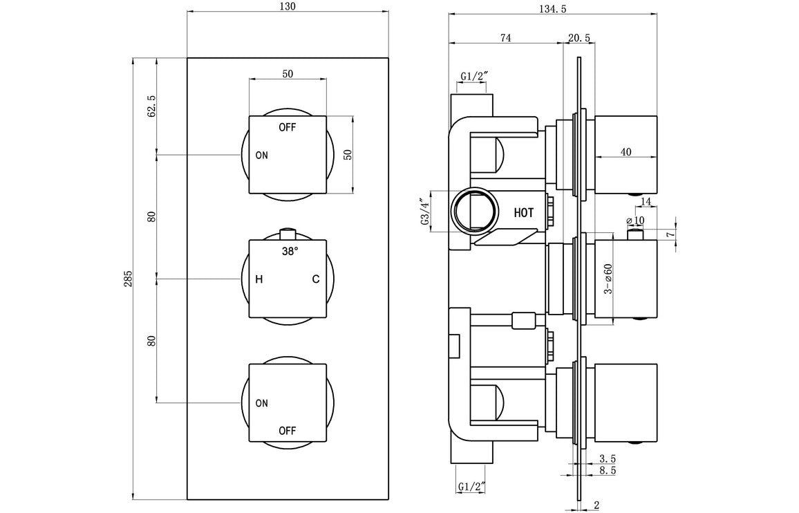 Annas Thermostatic Two Outlet Triple Shower Valve - Chrome