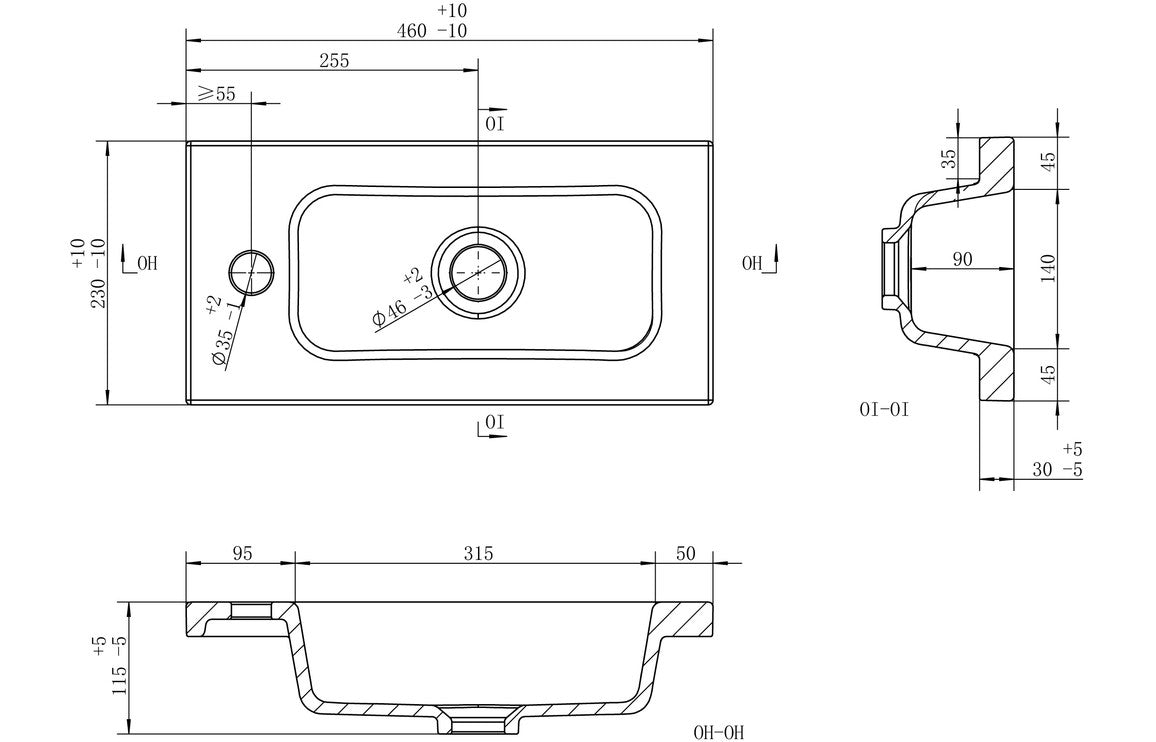 Slim Inset Basin -  H 115 x W 450 x D 230mm