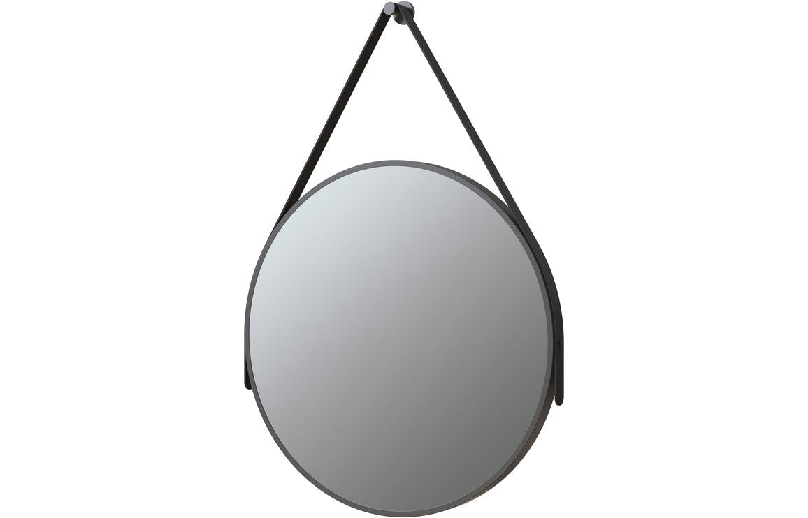 Waver Round Mirror - Matt Black - H 600 (989 w/strap) x W 600 x D 32mm