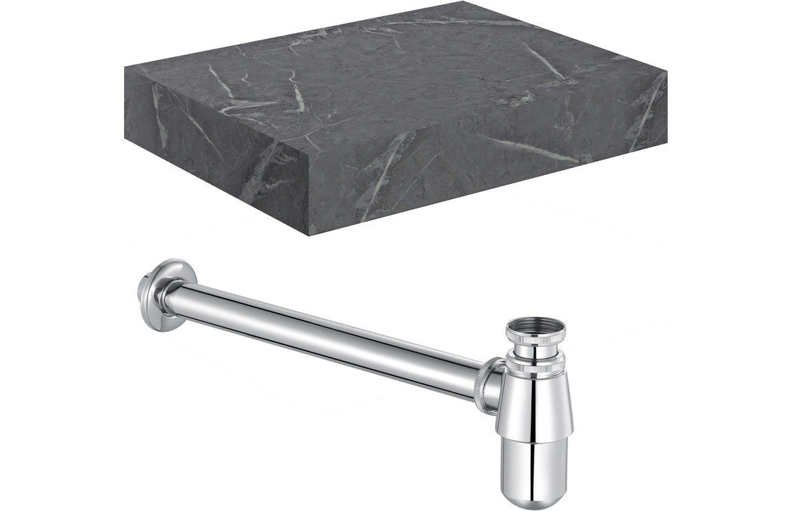 Lyne 600mm Wall Hung Grey Marble Basin Shelf & Bottle Trap