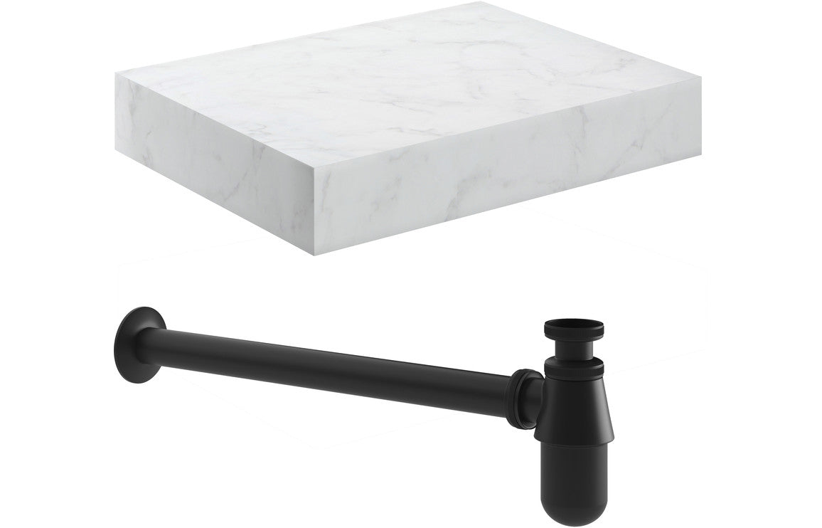 Lyne 600mm Wall Hung White Marble Basin Shelf & Bottle Trap