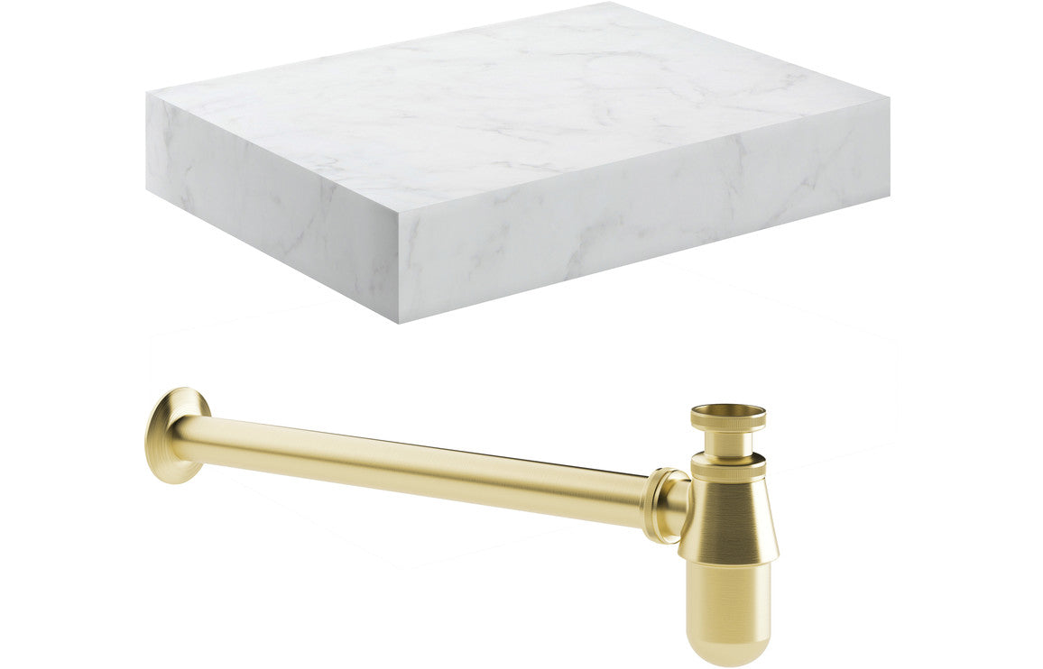 Lyne 600mm Wall Hung White Marble Basin Shelf & Bottle Trap