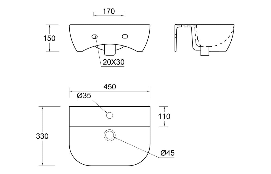 Beauly Cloakroom Basin & Bottle Trap - H 170 x W 450 x D 320mm
