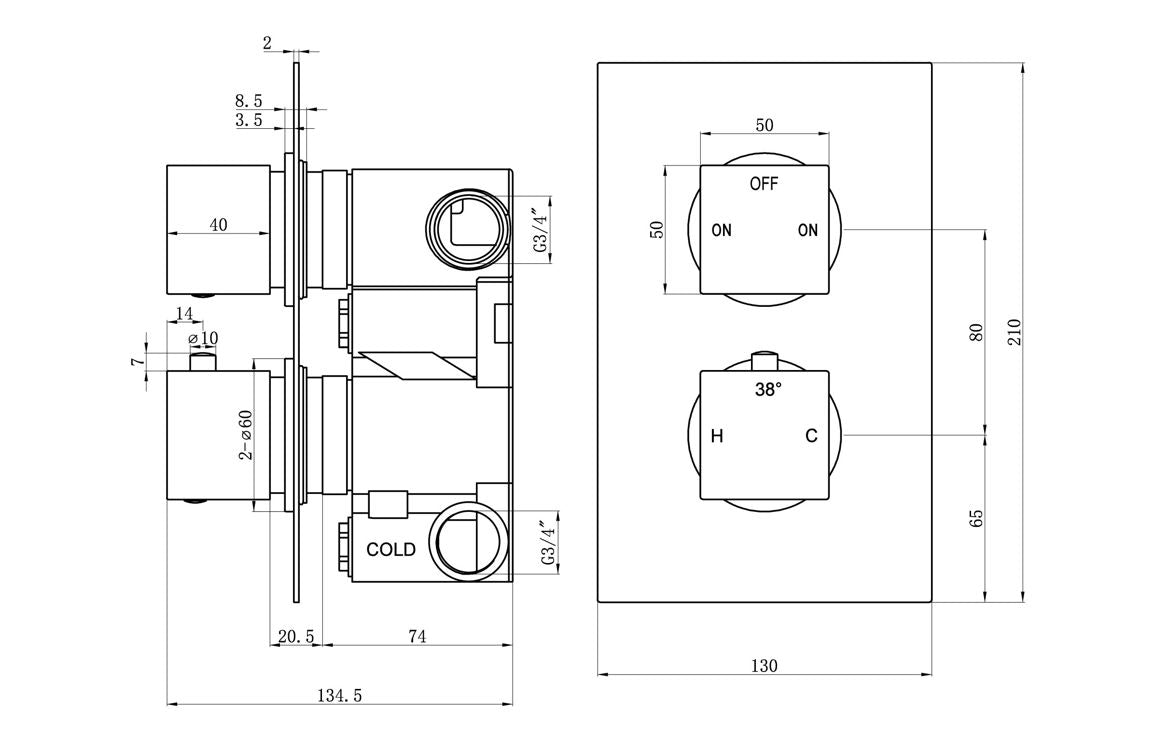 Annas Thermostatic Two Outlet Twin Shower Valve - Matt Black