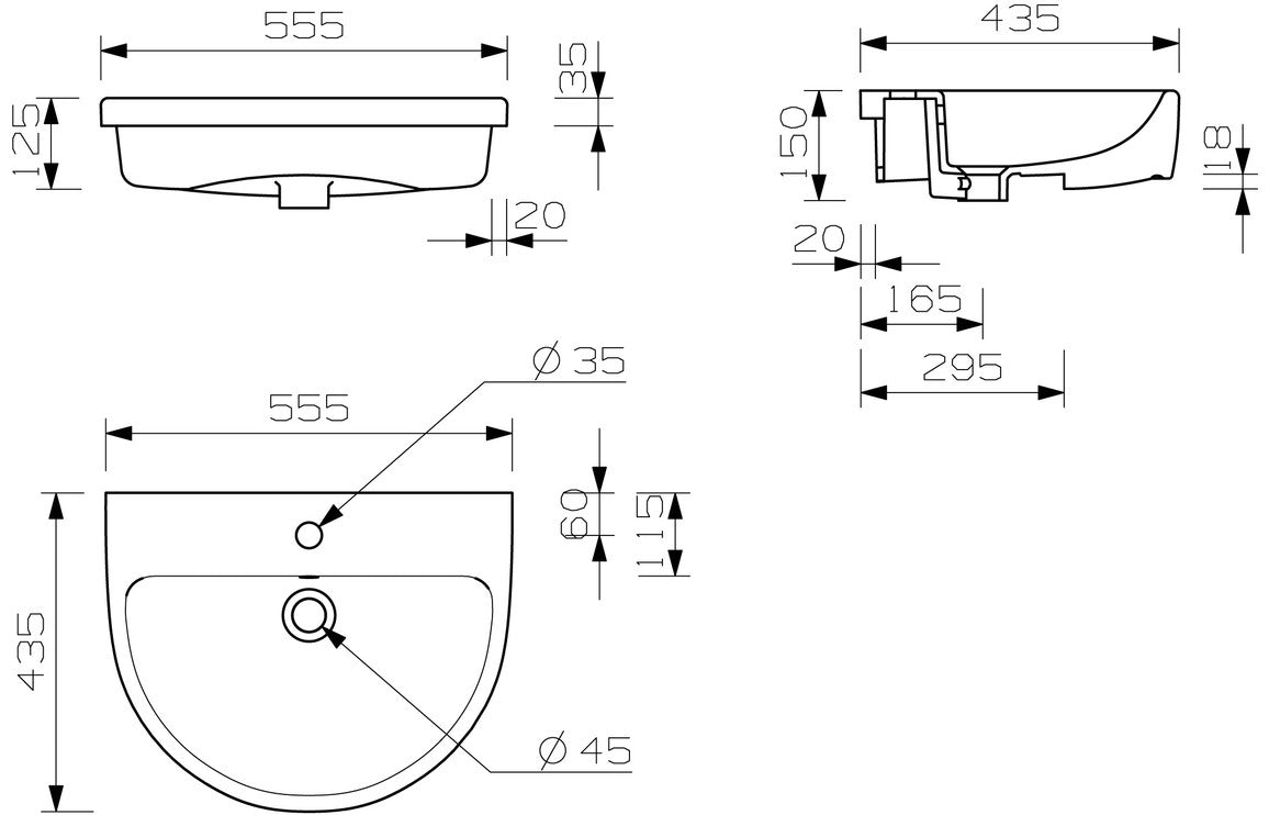 Ayr Semi Recessed Basin - H 185 x W 555 x D 435mm