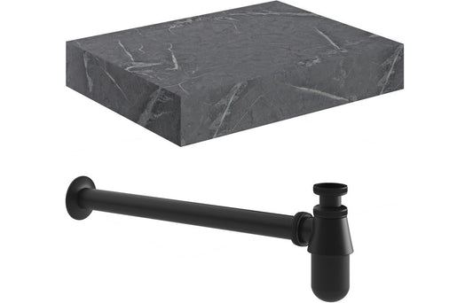 Lyne 600mm Wall Hung Grey Marble Basin Shelf & Bottle Trap