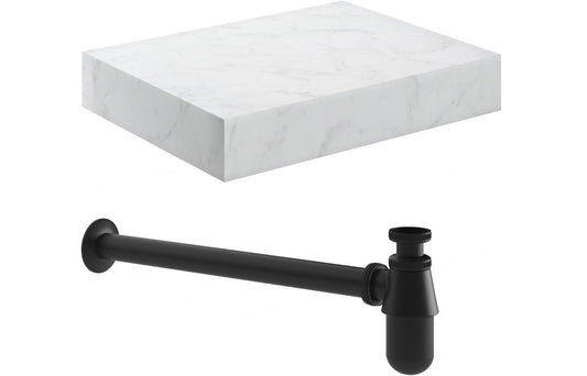 Lyne 600mm Wall Hung White Marble Basin Shelf &  Bottle Trap