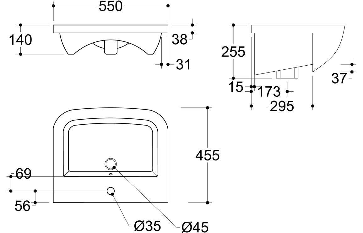 Beauly Semi Recessed Basin - H 170 x W 520 x D 400mm