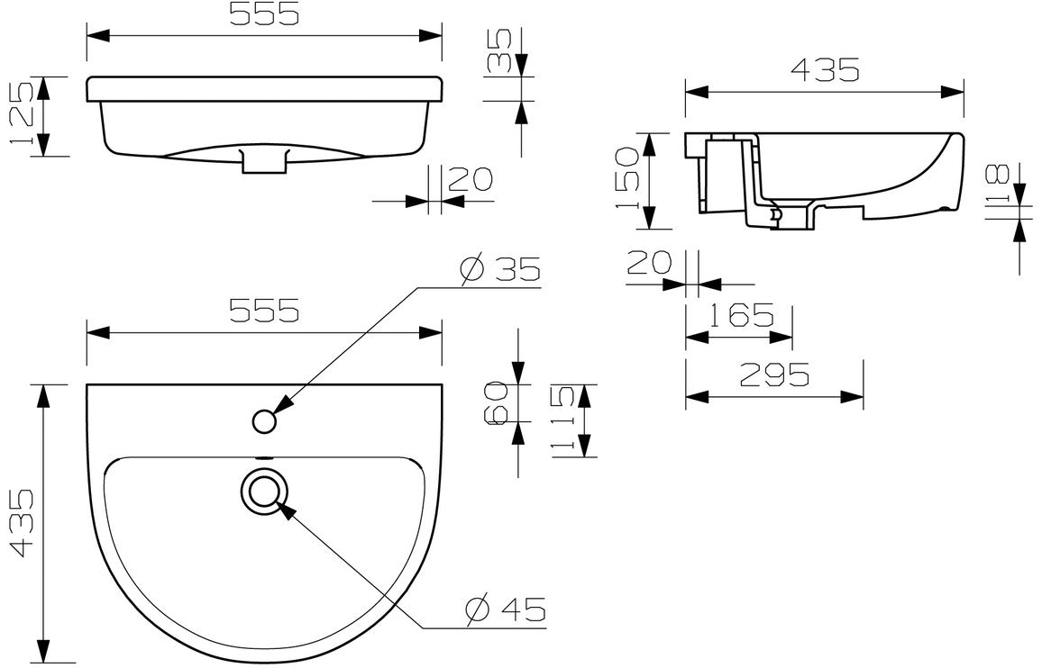 Avon Semi Recessed Basin - H 185 x W 555 x D 435mm