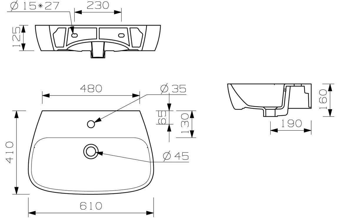 Calder Basin & Semi Pedestal - H 435 x W 600 x D 400mm