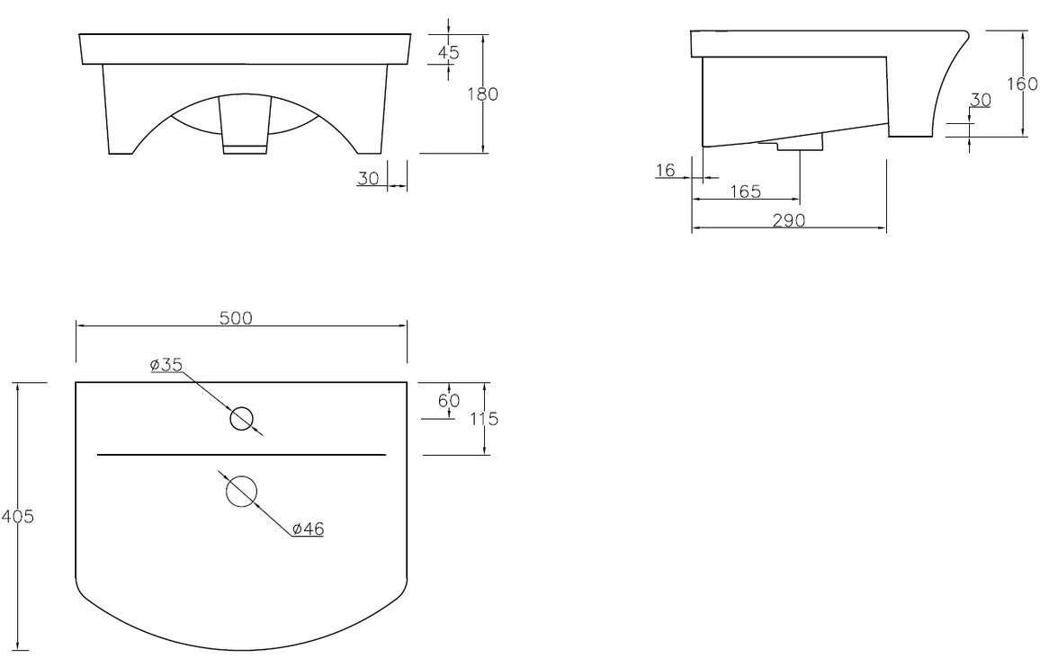 Averon Semi Recessed Basin - H 160 x W 500 x D 400mm